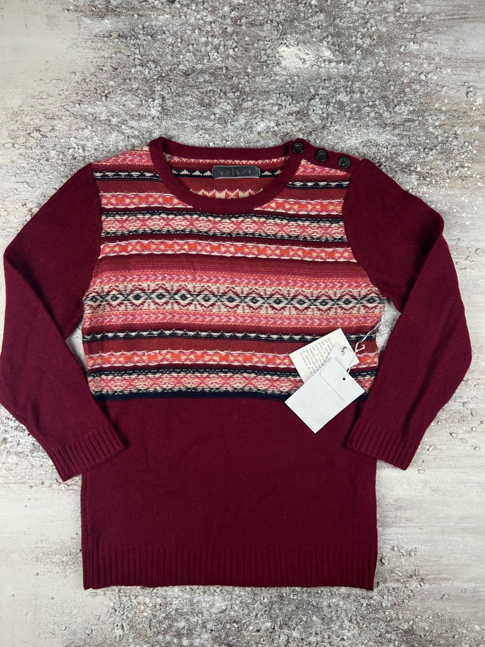 Velvet by Graham and Spencer burgundy tan black woven design sweater small